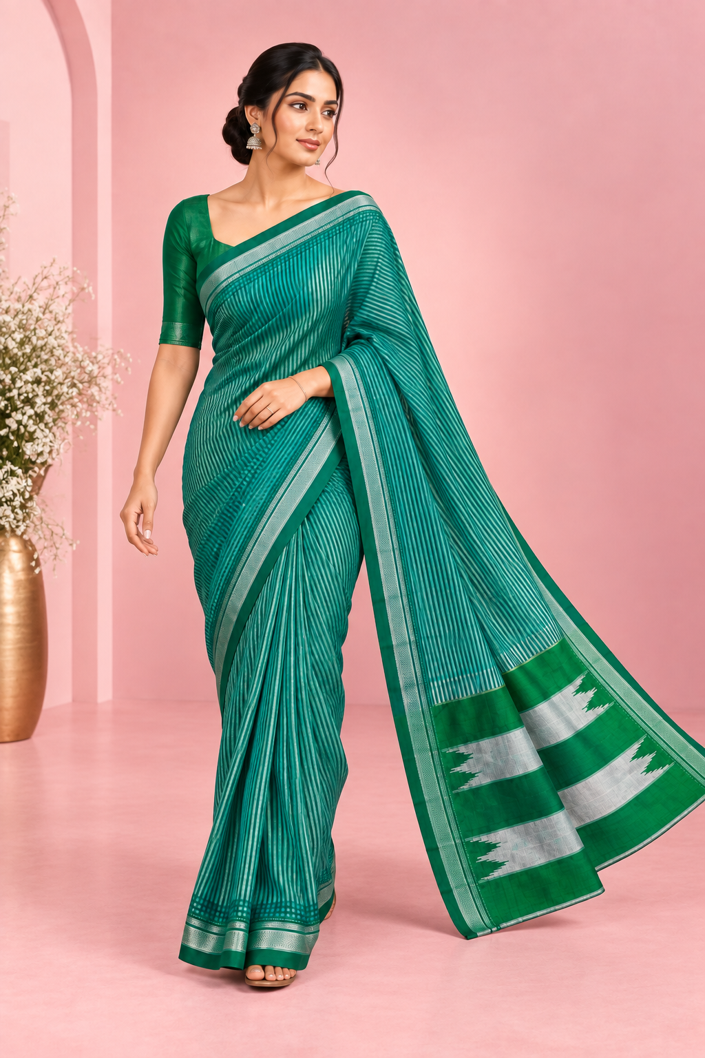 Striped Green Handloom Pure Cotton Ilkal Saree — Handloom Cotton Ilkal saree